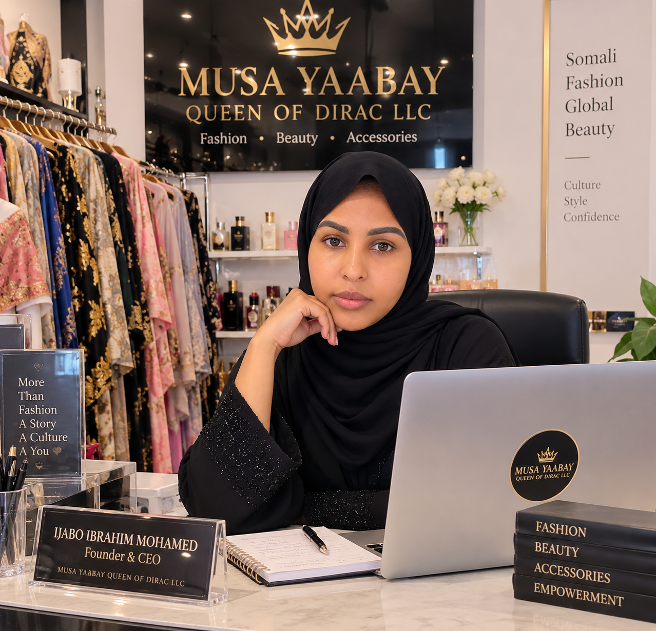 Ijabo Ibrahim Mohamed, founder of MUSA YAABAY QUEEN OF DIRAC LLC, seated inside her fashion and beauty store in Minnesota, surrounded by Somali fashion, perfumes, beauty products, and accessories. The image presents a modern black-and-gold boutique setting that reflects her business and cultural identity.